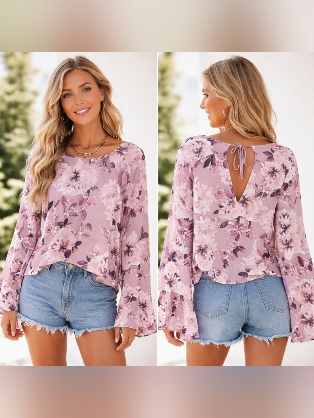 Floral Tie-Back Peasant Blouse Dusty‎ Rose Semi Sheer Sleeves Womens Size XL